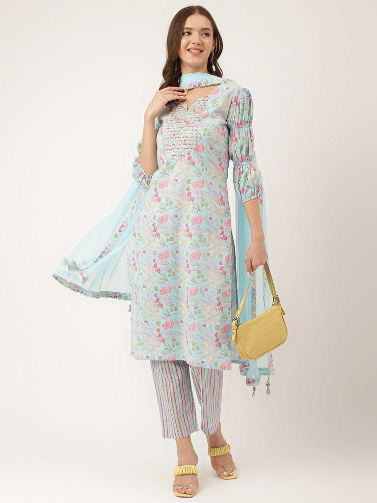 Women's Blue Floral Print Cotton Kurta, Trouser With Dupatta