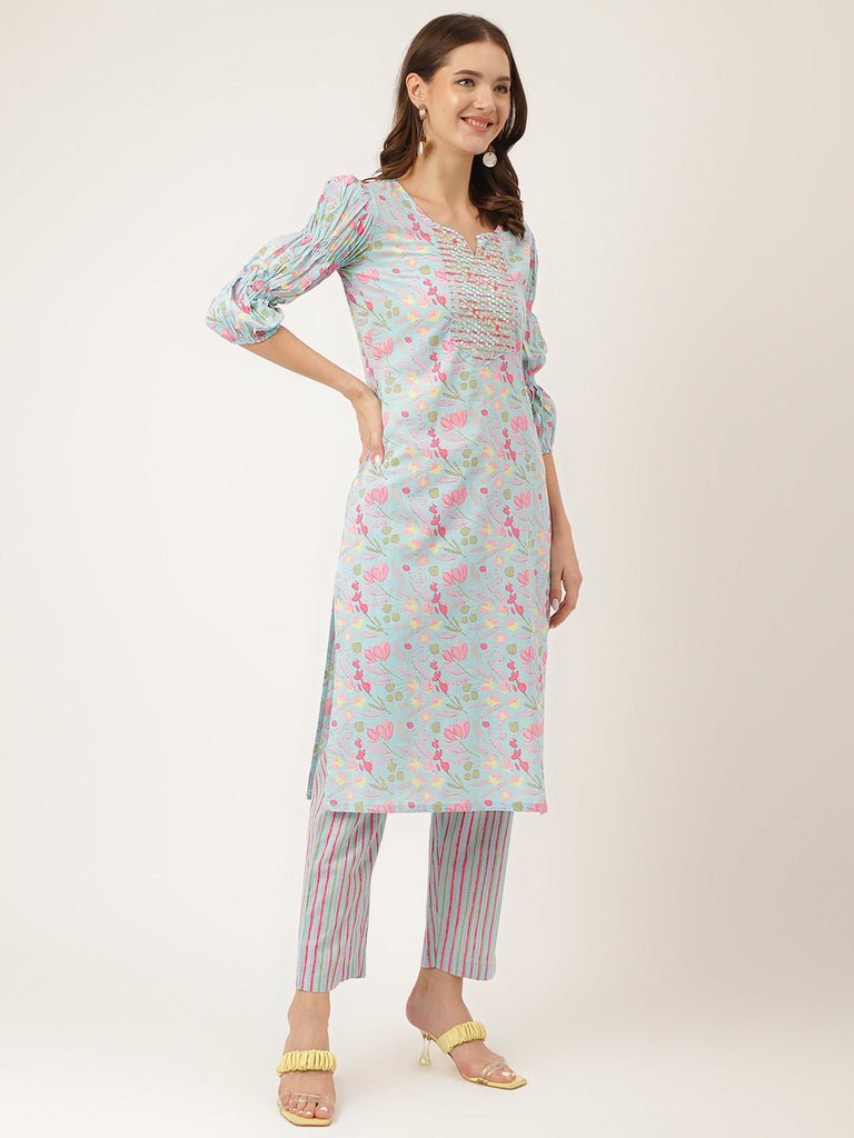 Women's Blue Floral Print Cotton Kurta, Trouser With Dupatta