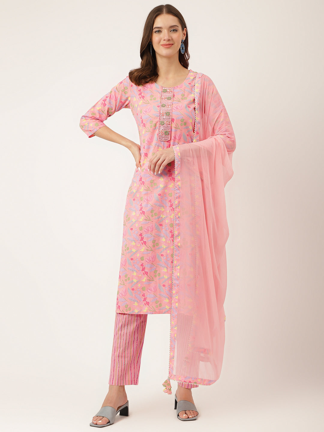 Women's Pink Floral Print Cotton Kurta, Trouser With Dupatta - Taantav