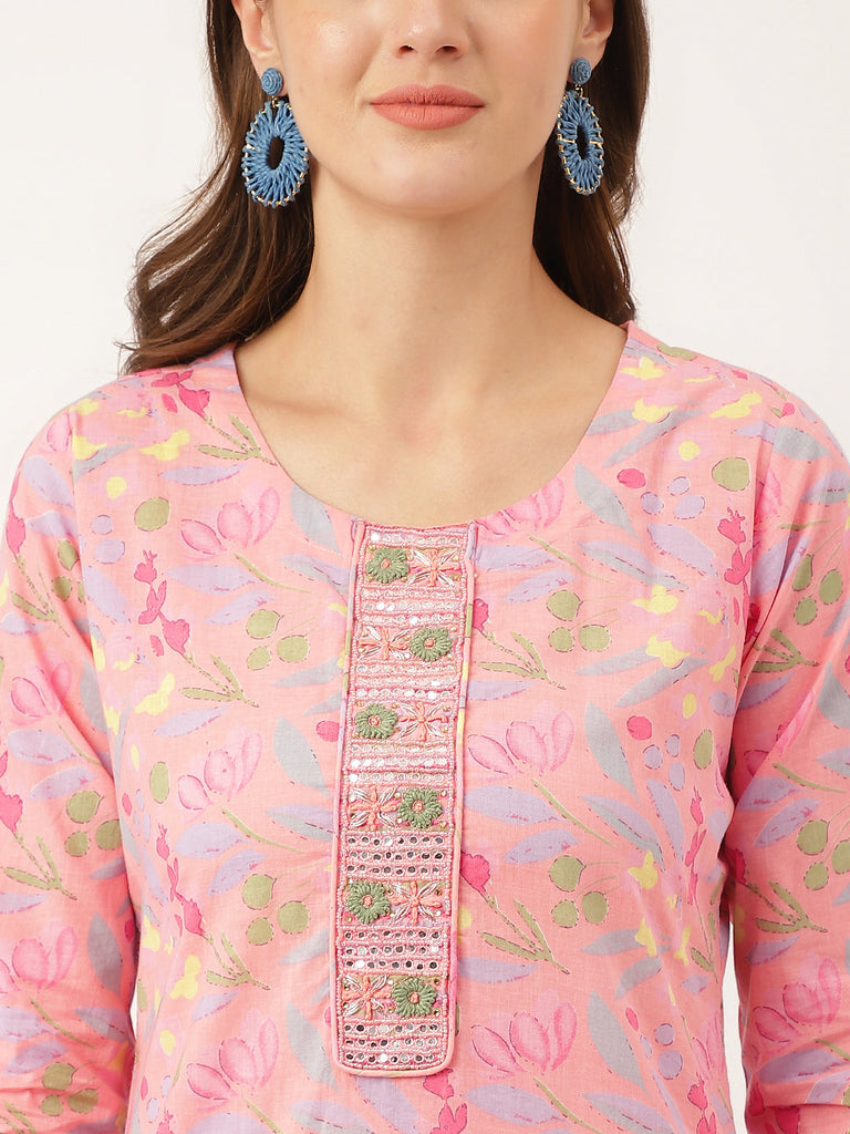 Women's Pink Floral Print Cotton Kurta, Trouser With Dupatta
