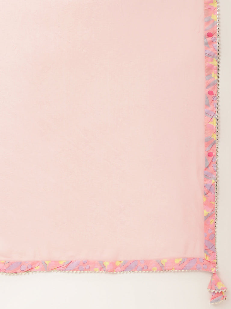 Women's Pink Floral Print Cotton Kurta, Trouser With Dupatta