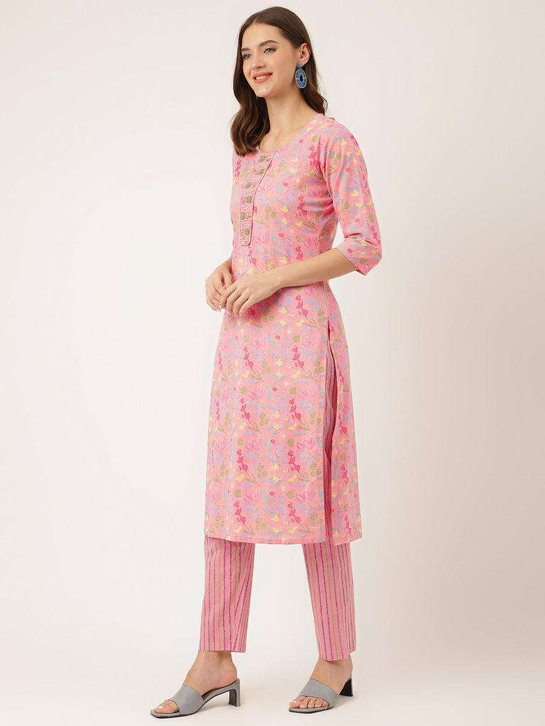 Women's Pink Floral Print Cotton Kurta, Trouser With Dupatta