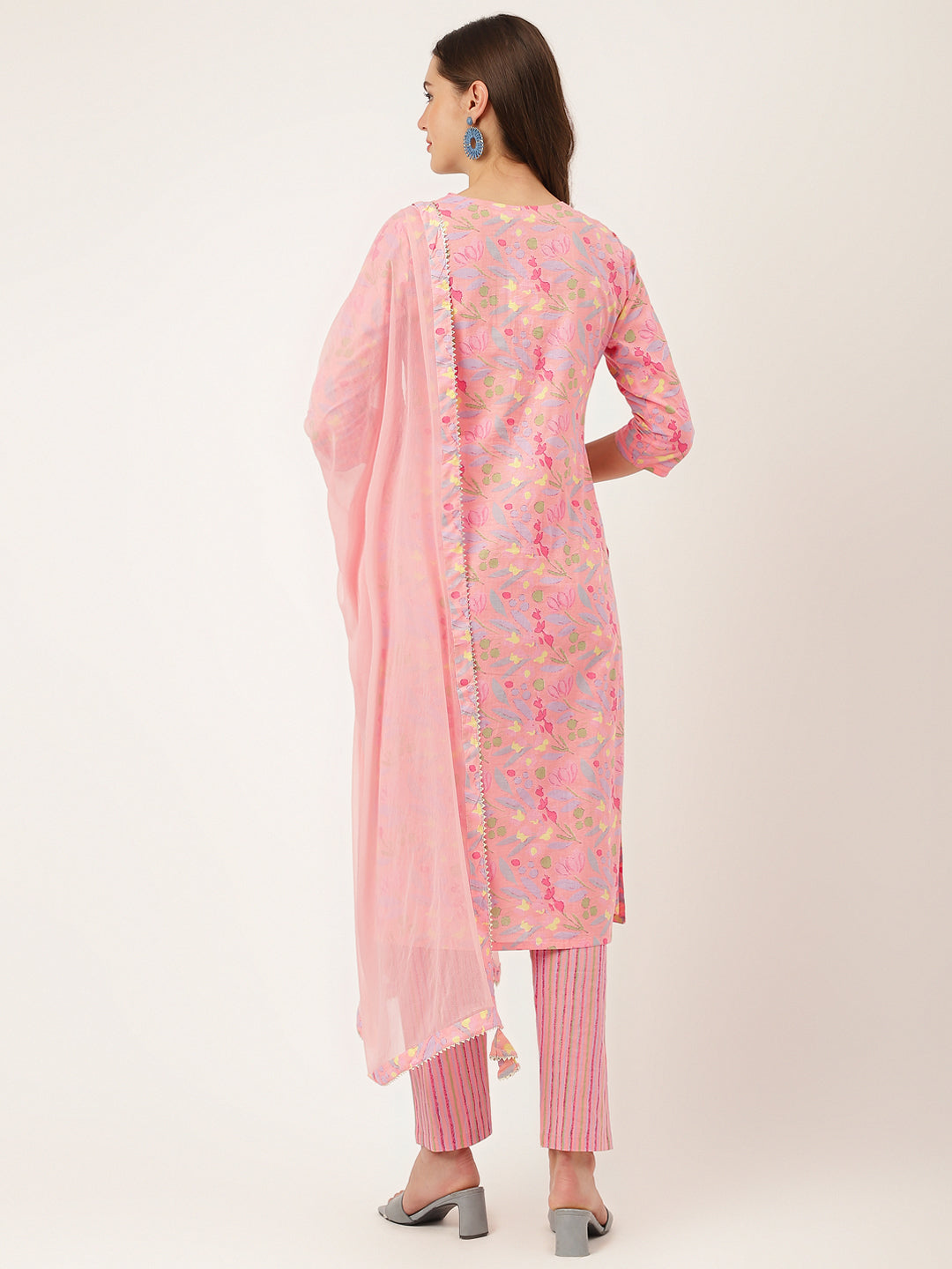 Women's Pink Floral Print Cotton Kurta, Trouser With Dupatta - Taantav