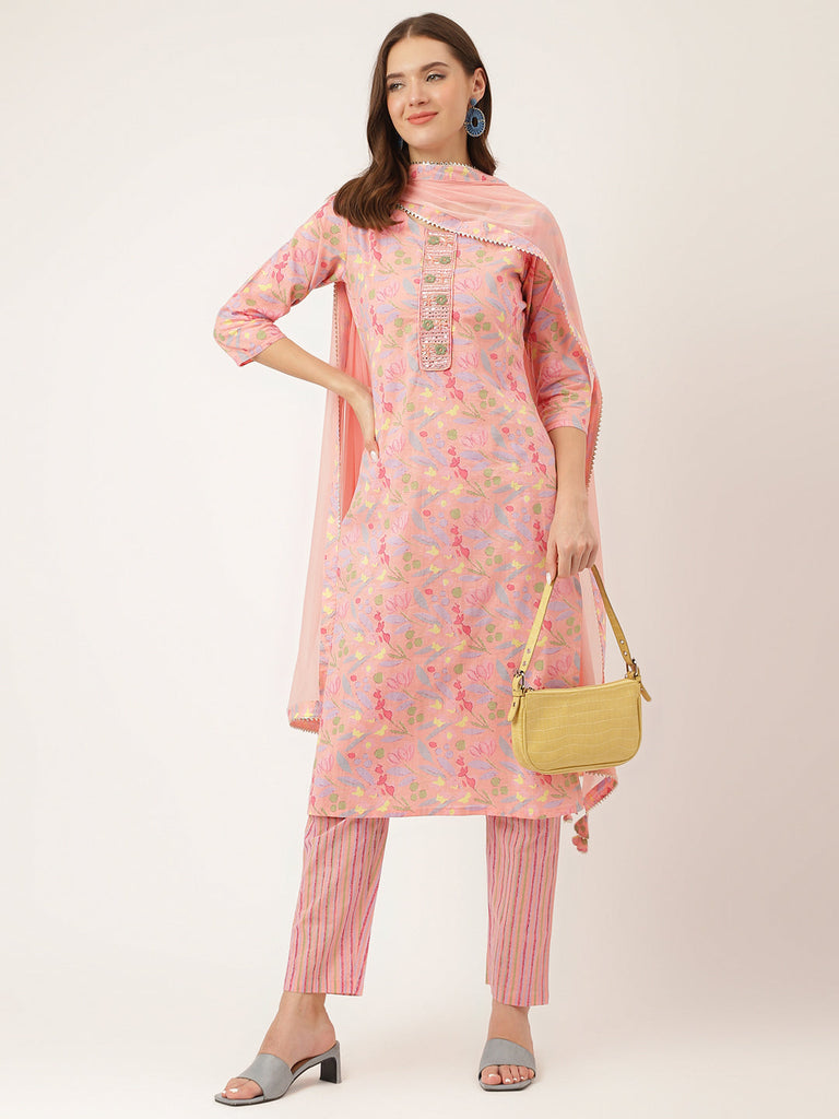 Women's Pink Floral Print Cotton Kurta, Trouser With Dupatta