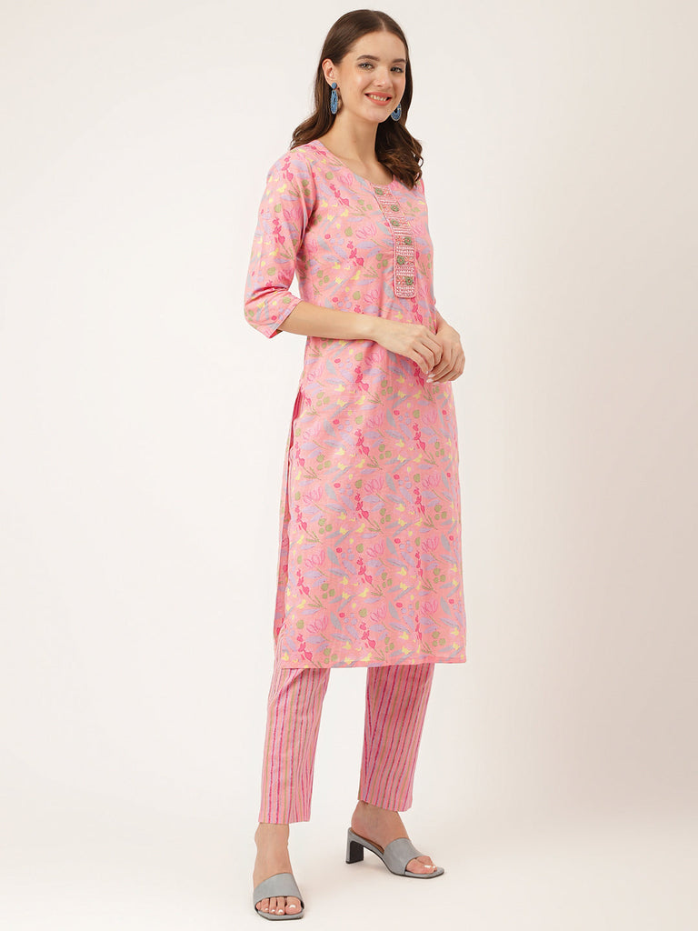 Women's Pink Floral Print Cotton Kurta, Trouser With Dupatta