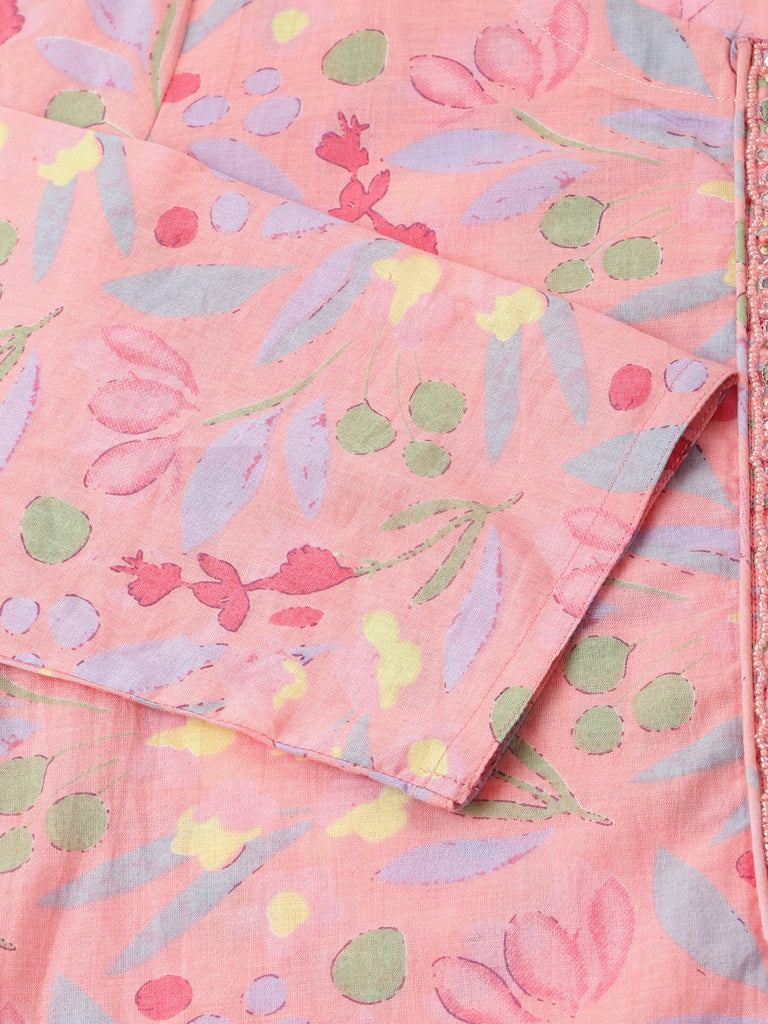 Women's Pink Floral Print Cotton Kurta, Trouser With Dupatta