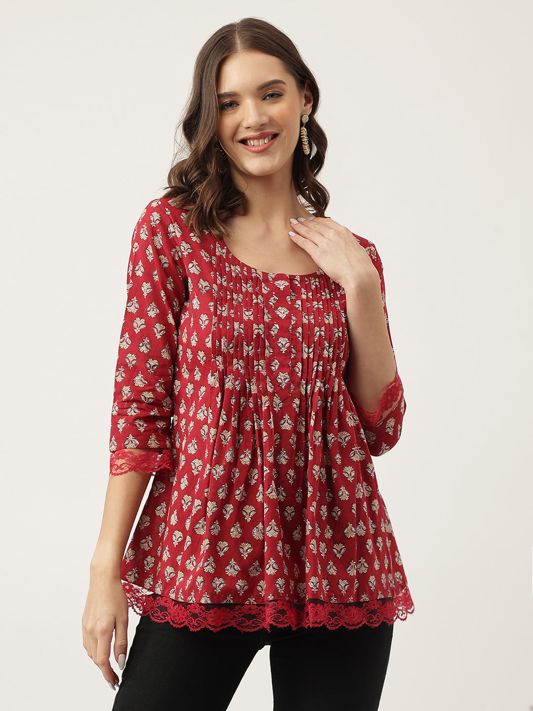 Women's Maroon Floral Printed Cotton Peplum Top