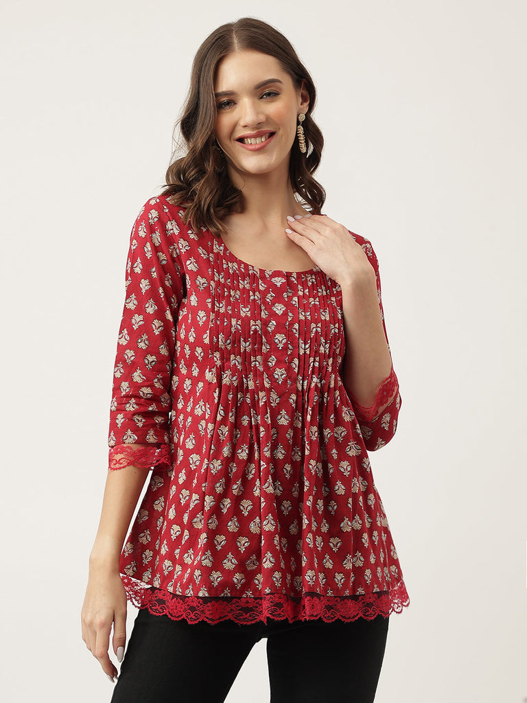 Women's Maroon Floral Printed Cotton Peplum Top