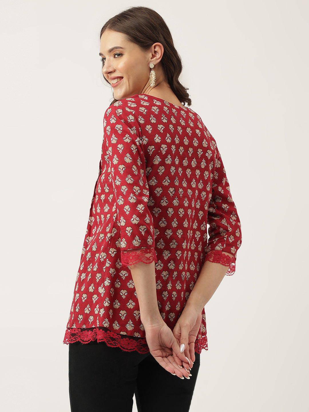 Women's Maroon Floral Printed Cotton Peplum Top - Taantav