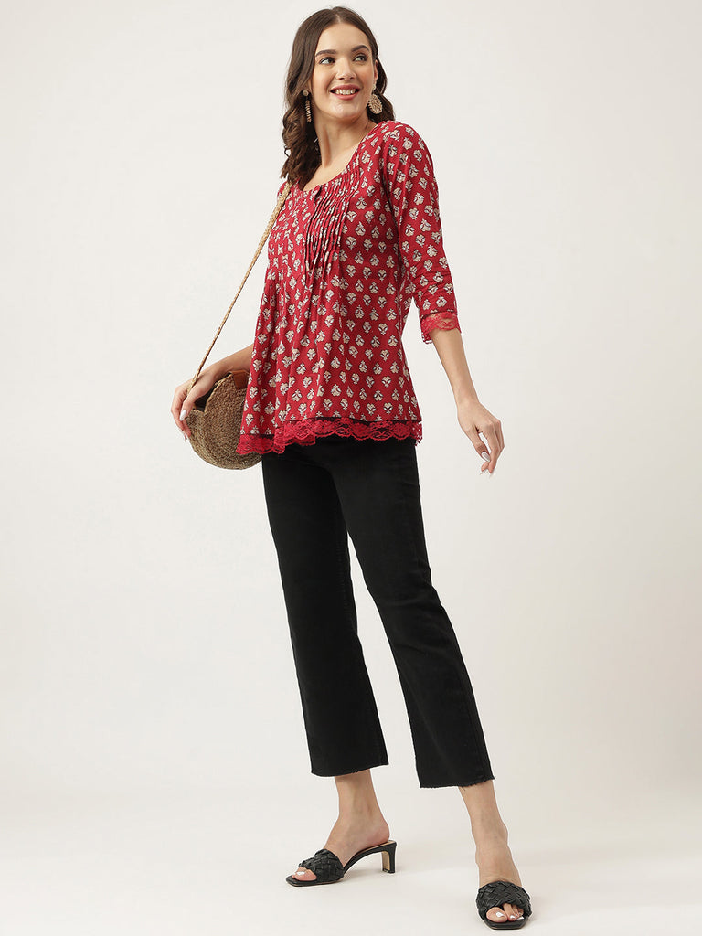 Women's Maroon Floral Printed Cotton Peplum Top