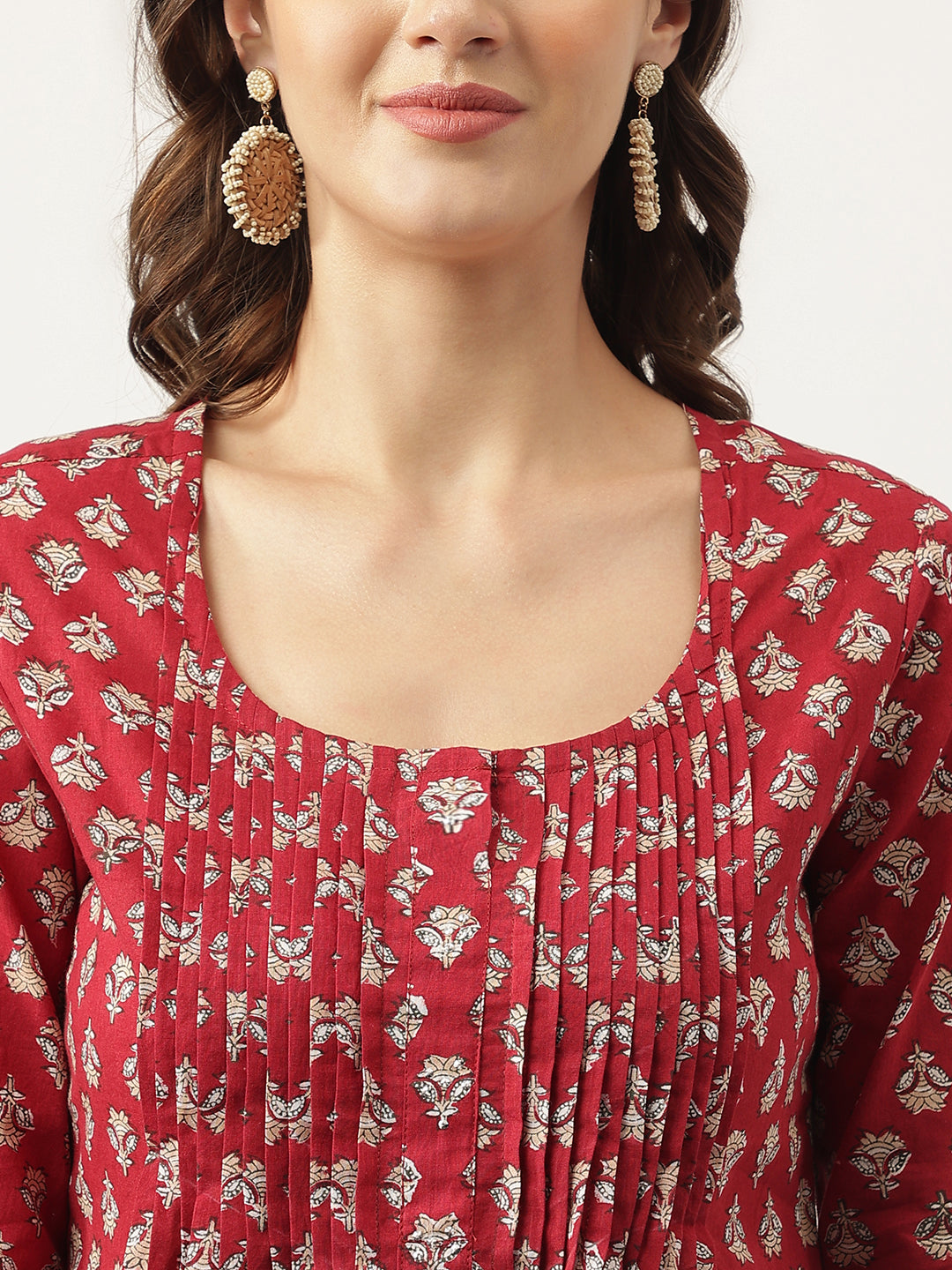 Women's Maroon Floral Printed Cotton Peplum Top - Taantav