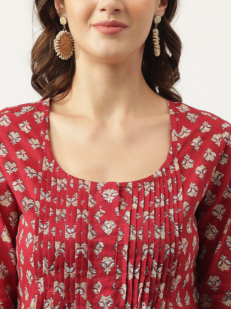 Women's Maroon Floral Printed Cotton Peplum Top