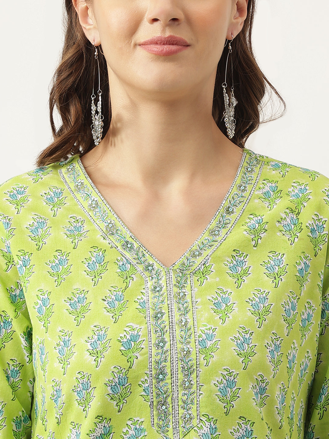 Women's Green Floral Printed Kurta Trouser & Dupatta Set - Taantav