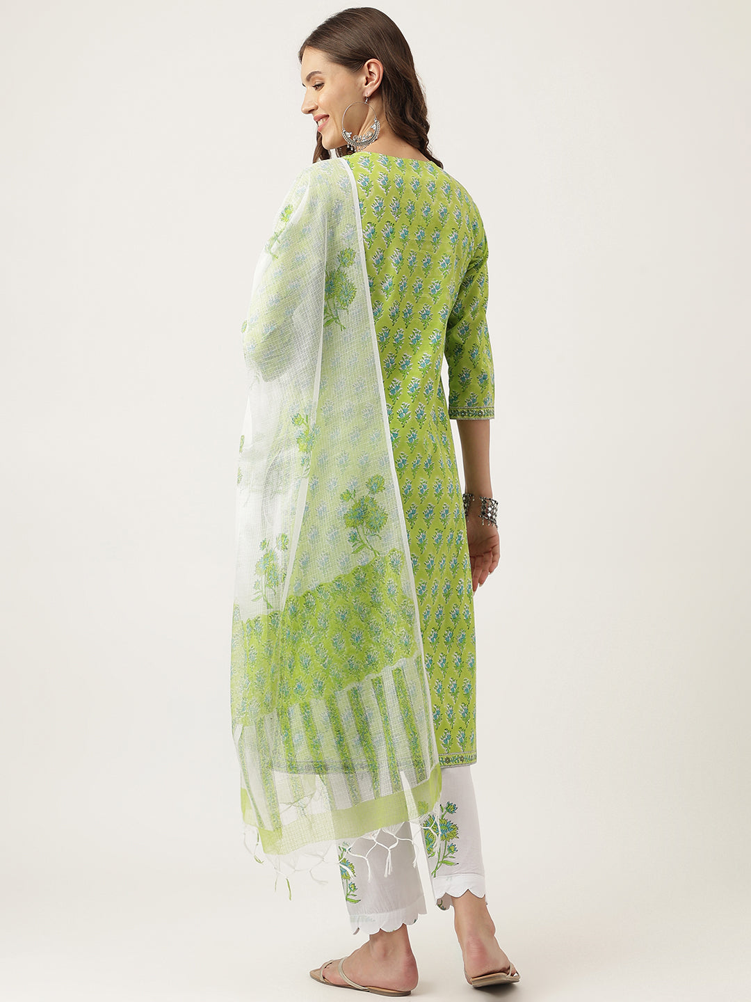 Women's Green Floral Printed Kurta Trouser & Dupatta Set - Taantav