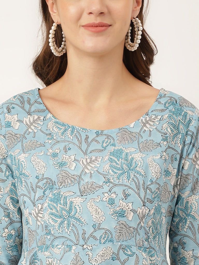 Women's Sky Blue Hand Block Floral Print Cotton Kurta, Trouser With Dupatta