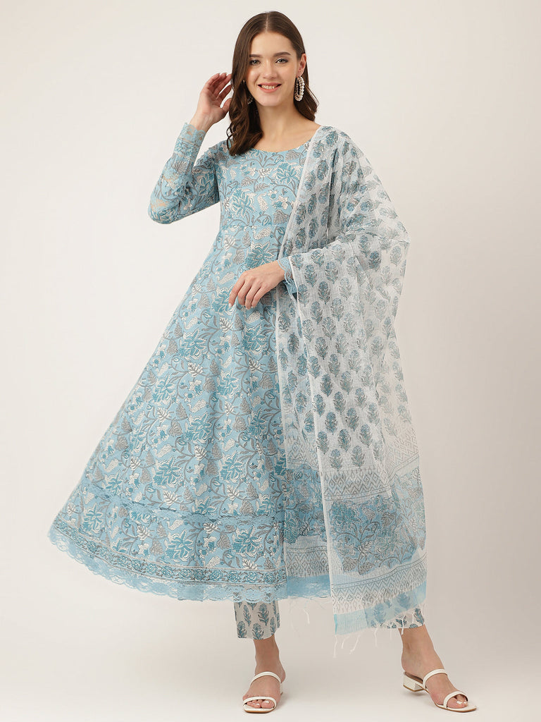 Women's Sky Blue Hand Block Floral Print Cotton Kurta, Trouser With Dupatta