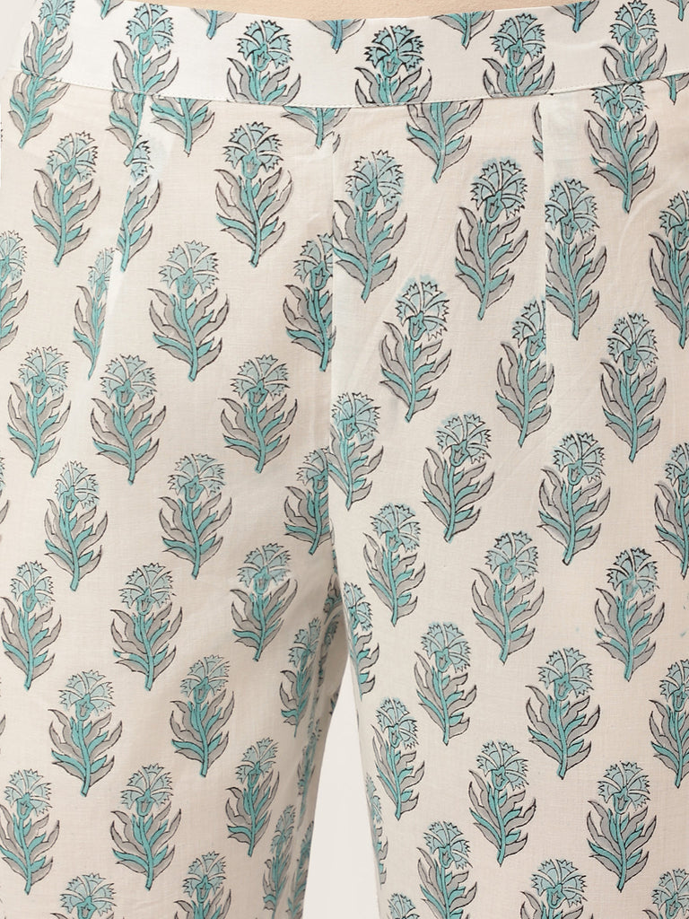 Women's Sky Blue Hand Block Floral Print Cotton Kurta, Trouser With Dupatta