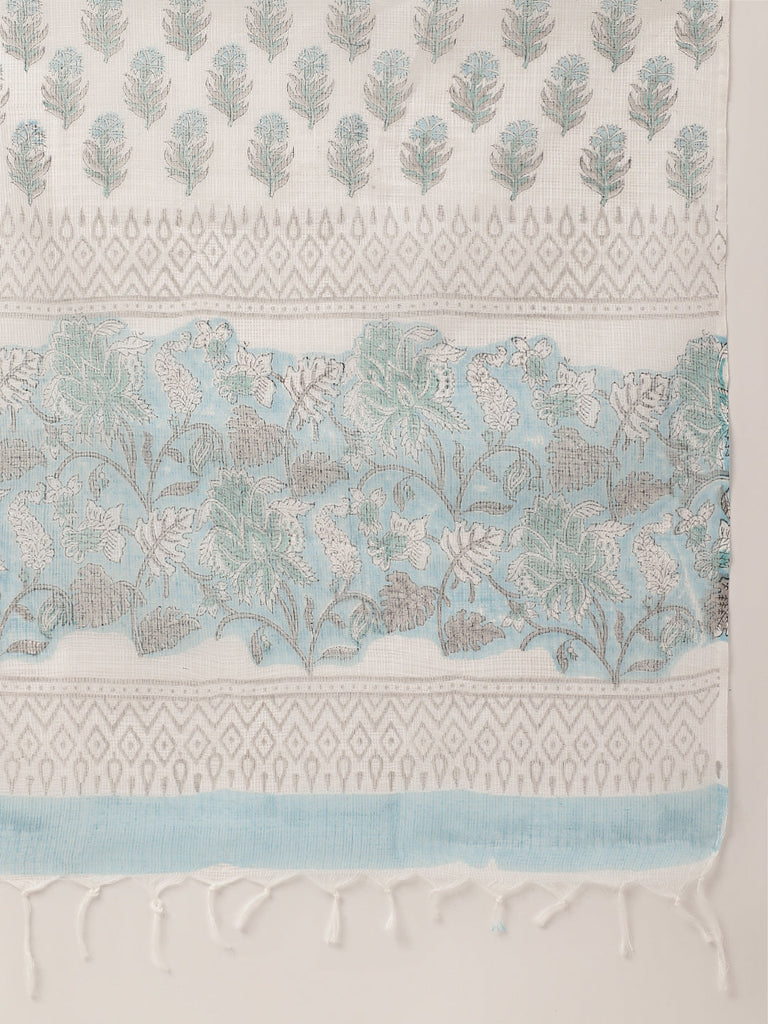 Women's Sky Blue Hand Block Floral Print Cotton Kurta, Trouser With Dupatta