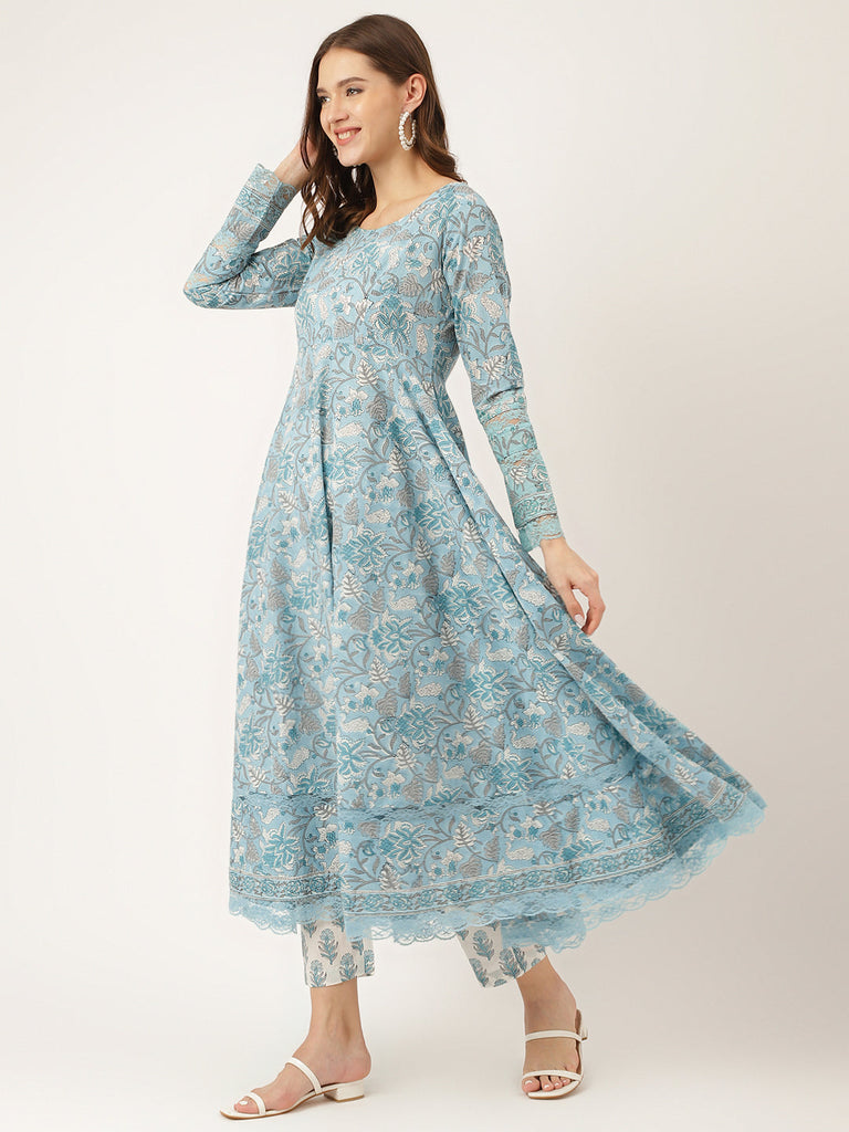 Women's Sky Blue Hand Block Floral Print Cotton Kurta, Trouser With Dupatta