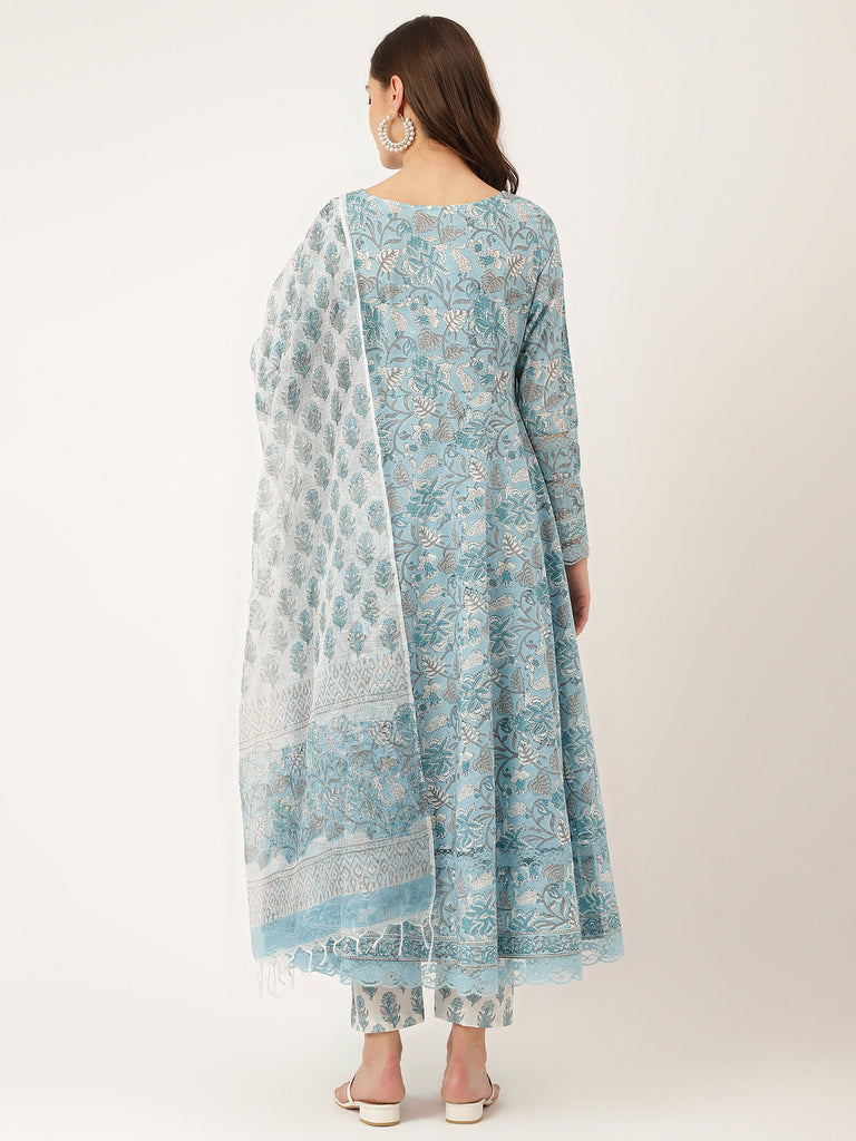 Women's Sky Blue Hand Block Floral Print Cotton Kurta, Trouser With Dupatta