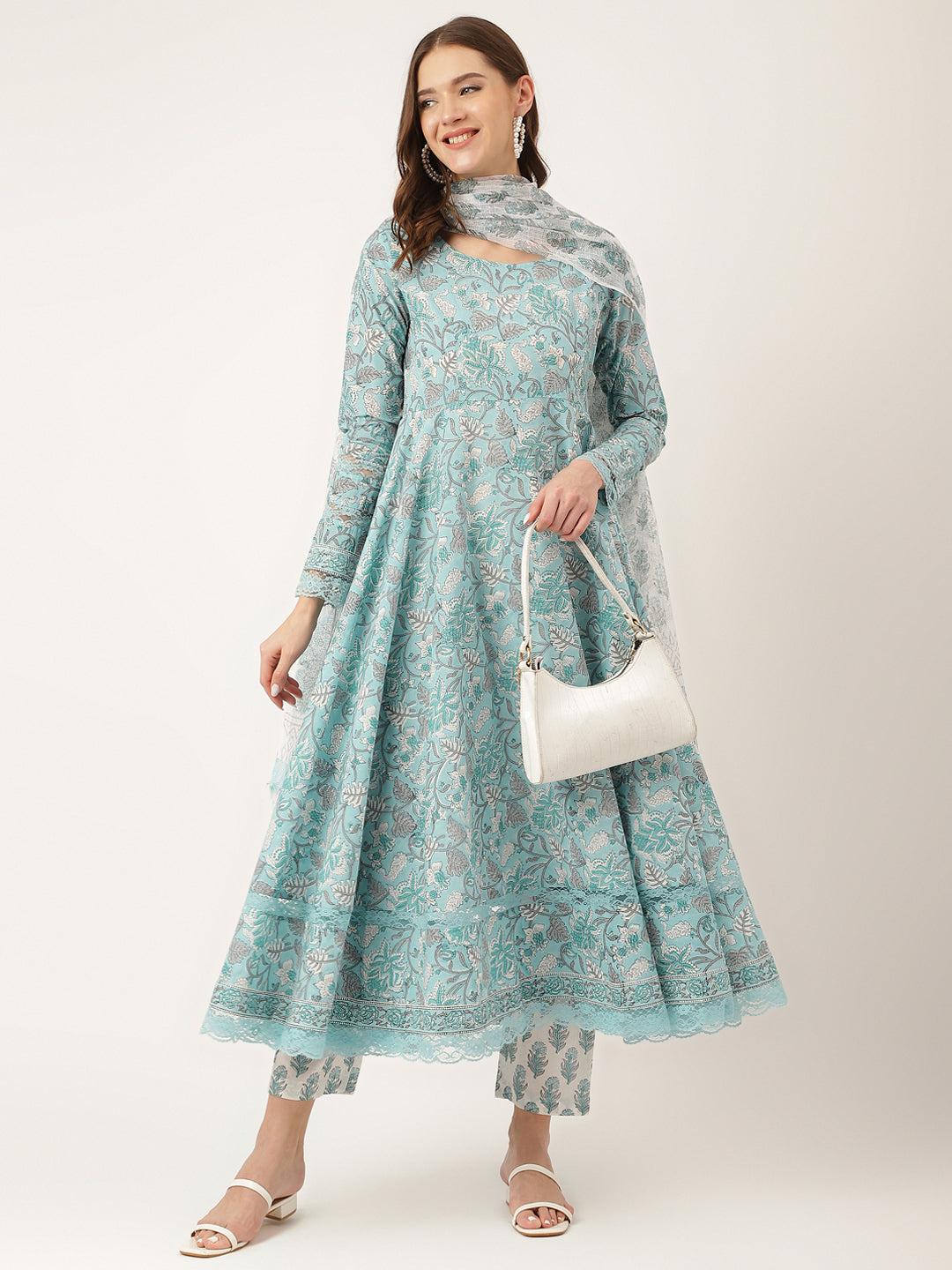 Women's Sky Blue Hand Block Floral Print Cotton Kurta, Trouser With Dupatta - Taantav