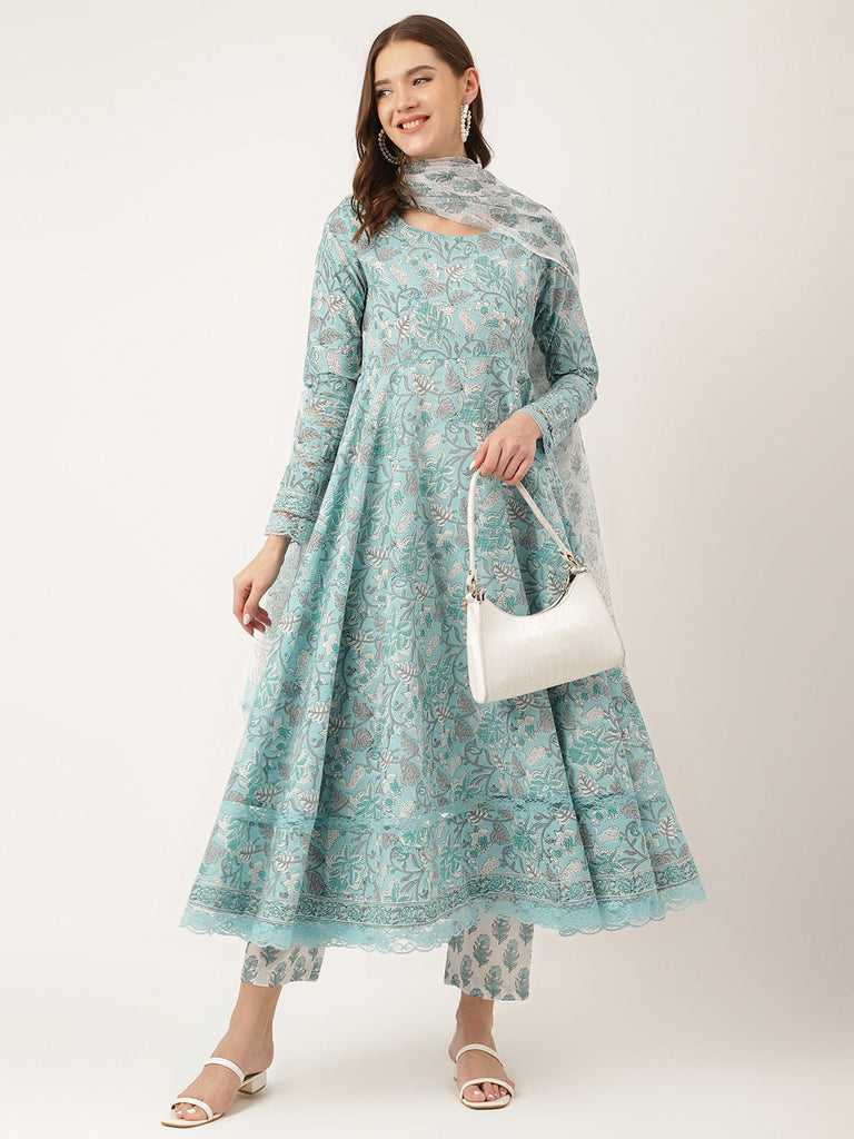Women's Sky Blue Hand Block Floral Print Cotton Kurta, Trouser With Dupatta