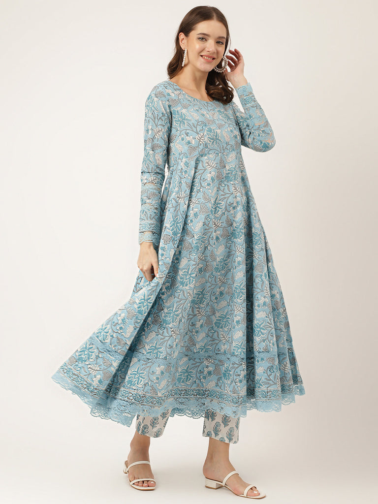 Women's Sky Blue Hand Block Floral Print Cotton Kurta, Trouser With Dupatta