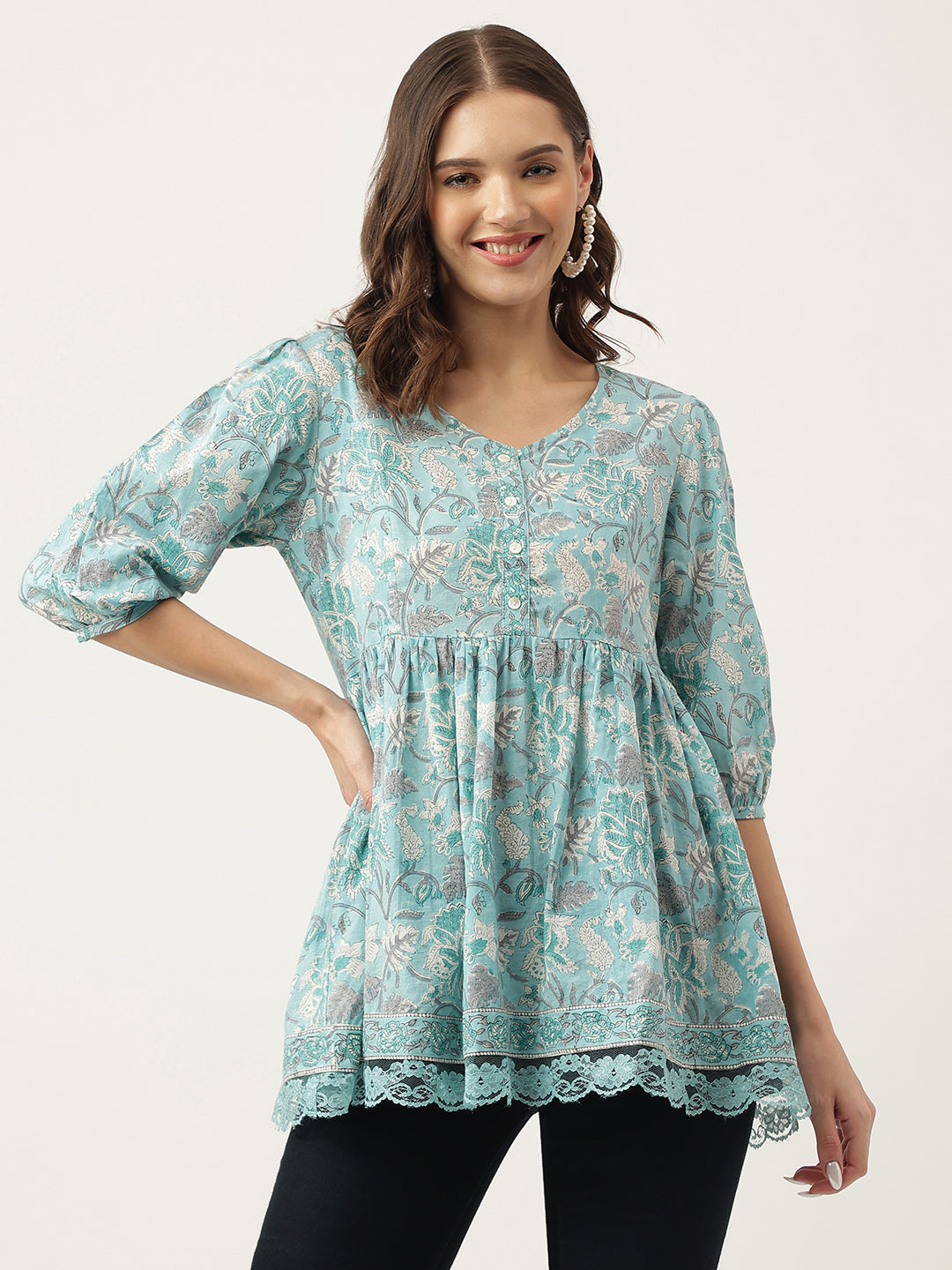 Women's Light Blue Floral Printed Cotton Peplum Fit Top - Taantav