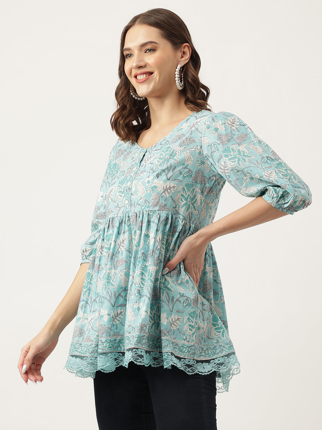 Women's Light Blue Floral Printed Cotton Peplum Fit Top - Taantav