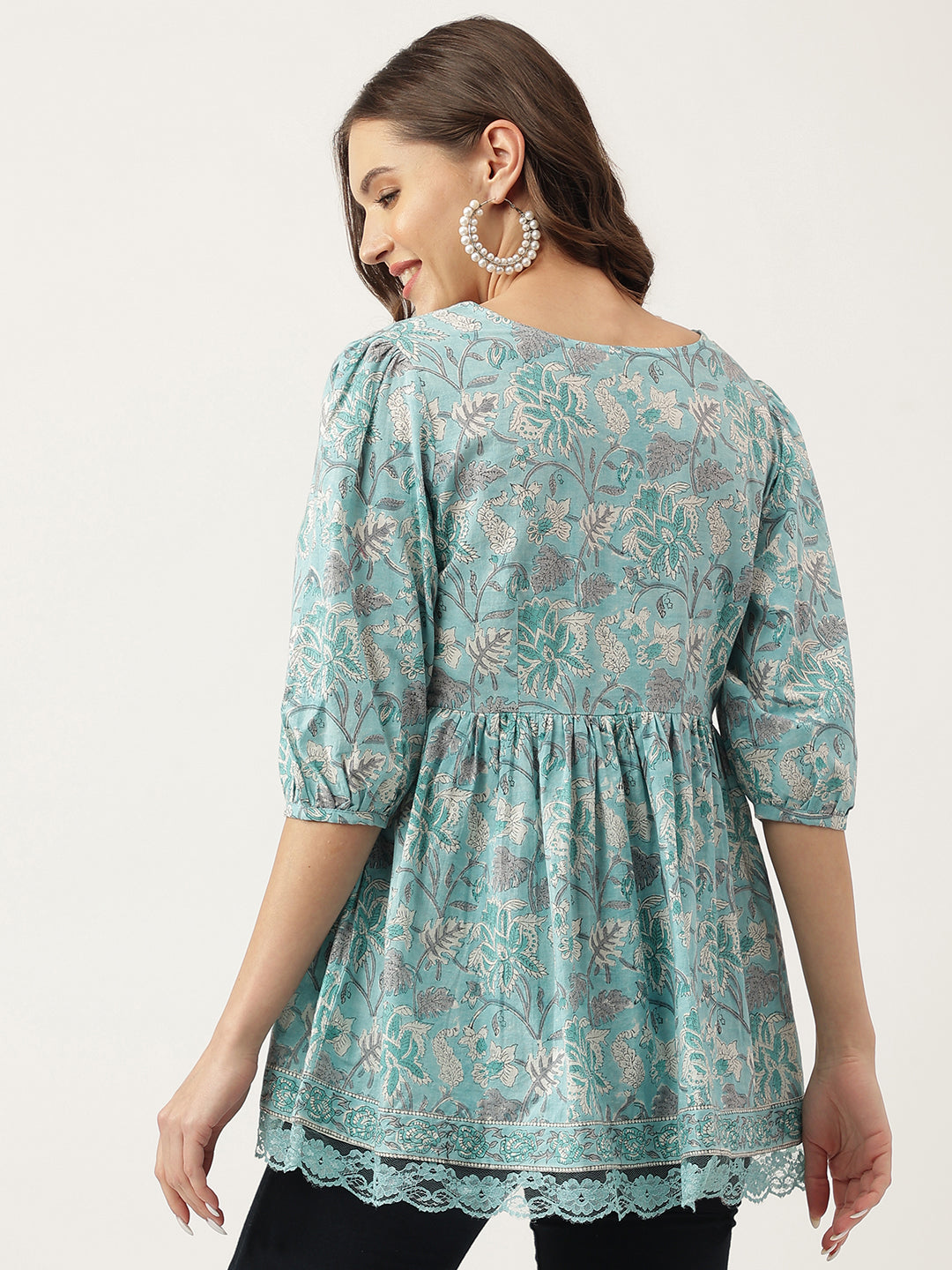 Women's Light Blue Floral Printed Cotton Peplum Fit Top