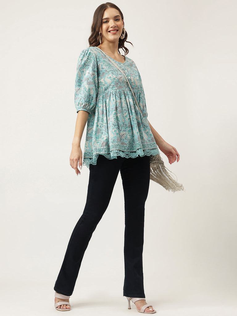 Women's Light Blue Floral Printed Cotton Peplum Fit Top