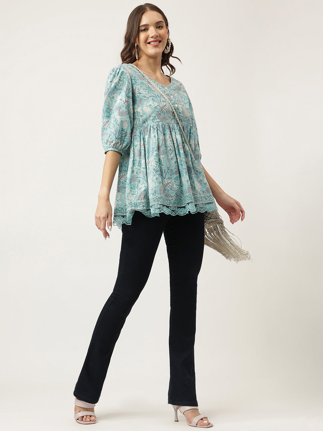 Women's Light Blue Floral Printed Cotton Peplum Fit Top