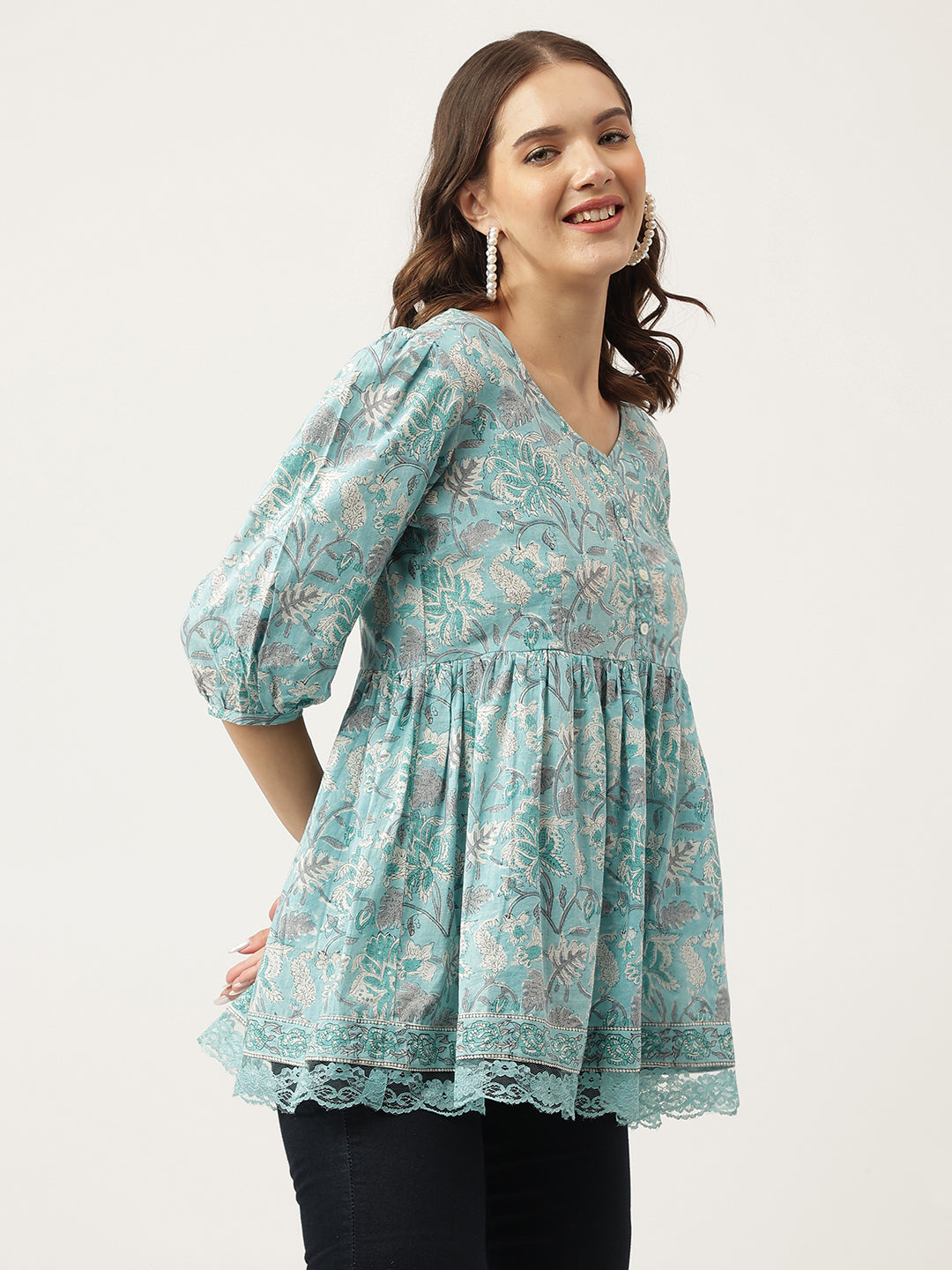 Women's Light Blue Floral Printed Cotton Peplum Fit Top