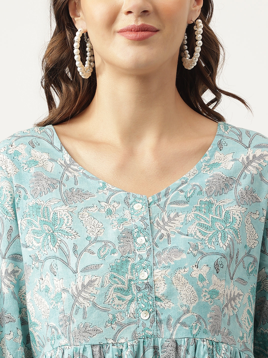 Women's Light Blue Floral Printed Cotton Peplum Fit Top