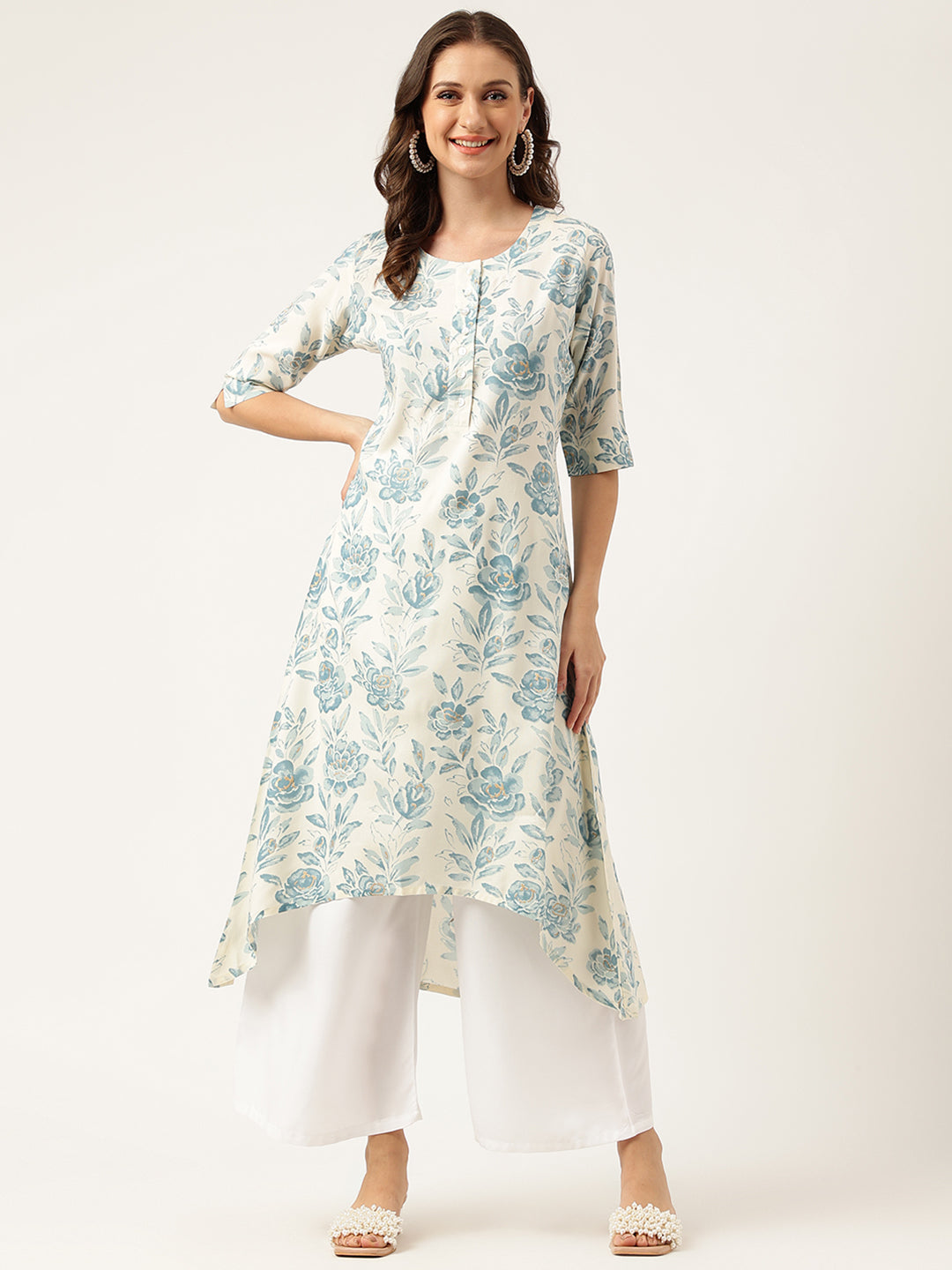 Women's Floral Print A-line Kurta with Asymmetric Hemline - Taantav