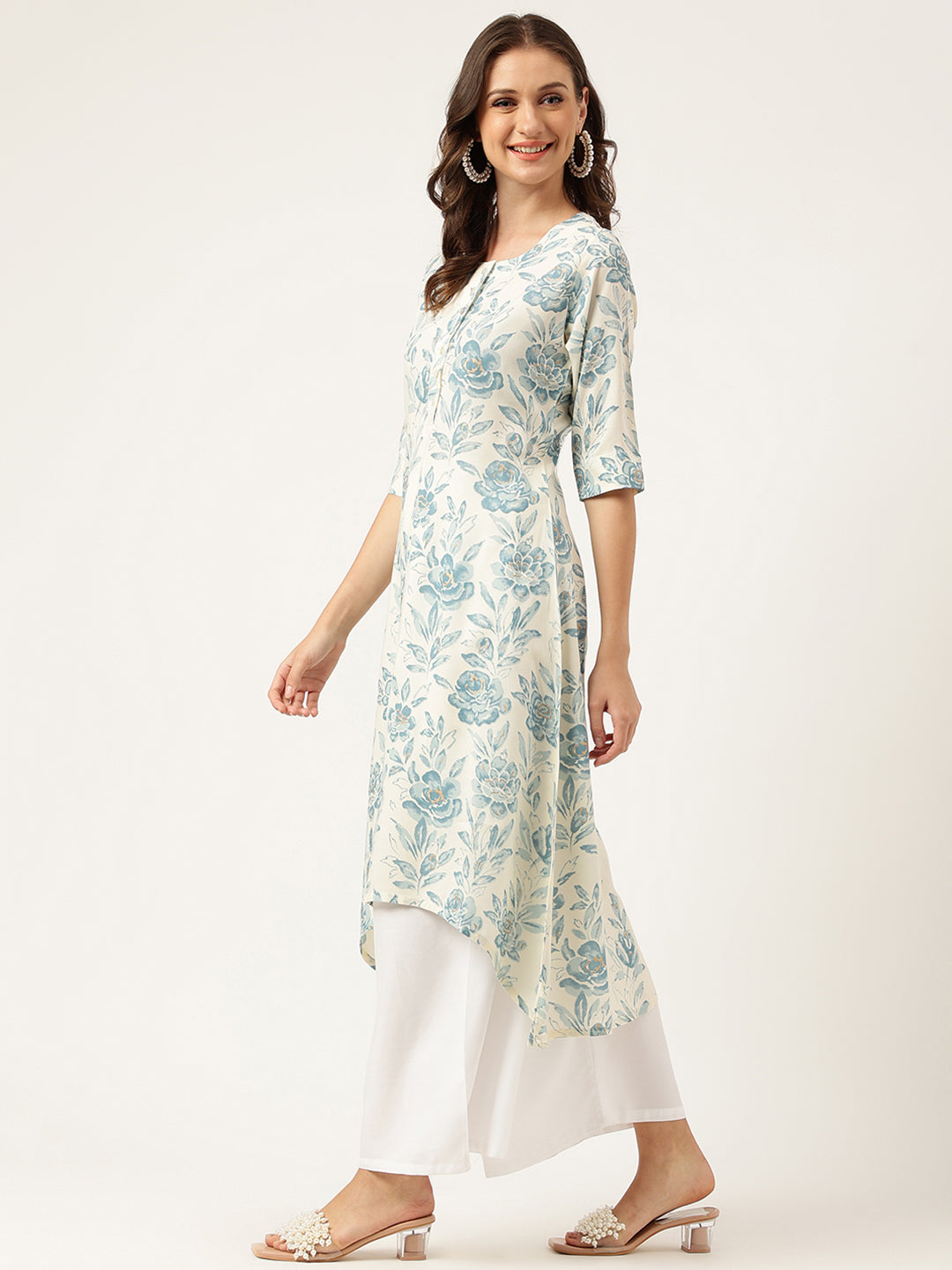 Women's Floral Print A-line Kurta with Asymmetric Hemline - Taantav