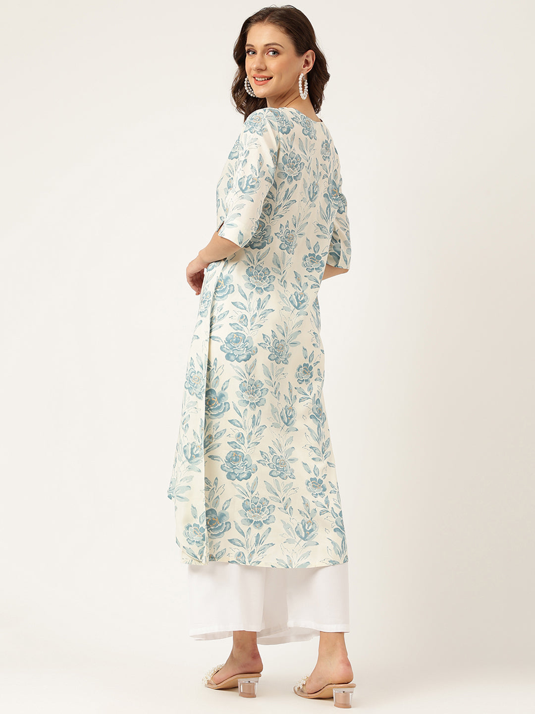 Women's Floral Print A-line Kurta with Asymmetric Hemline - Taantav