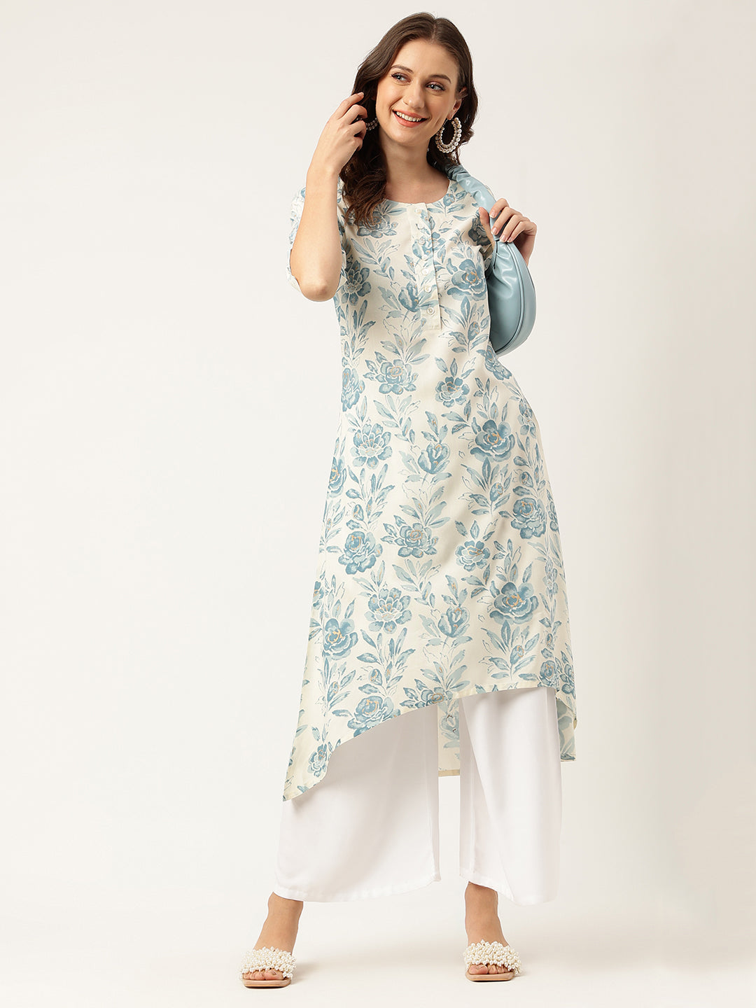 Women's Floral Print A-line Kurta with Asymmetric Hemline - Taantav