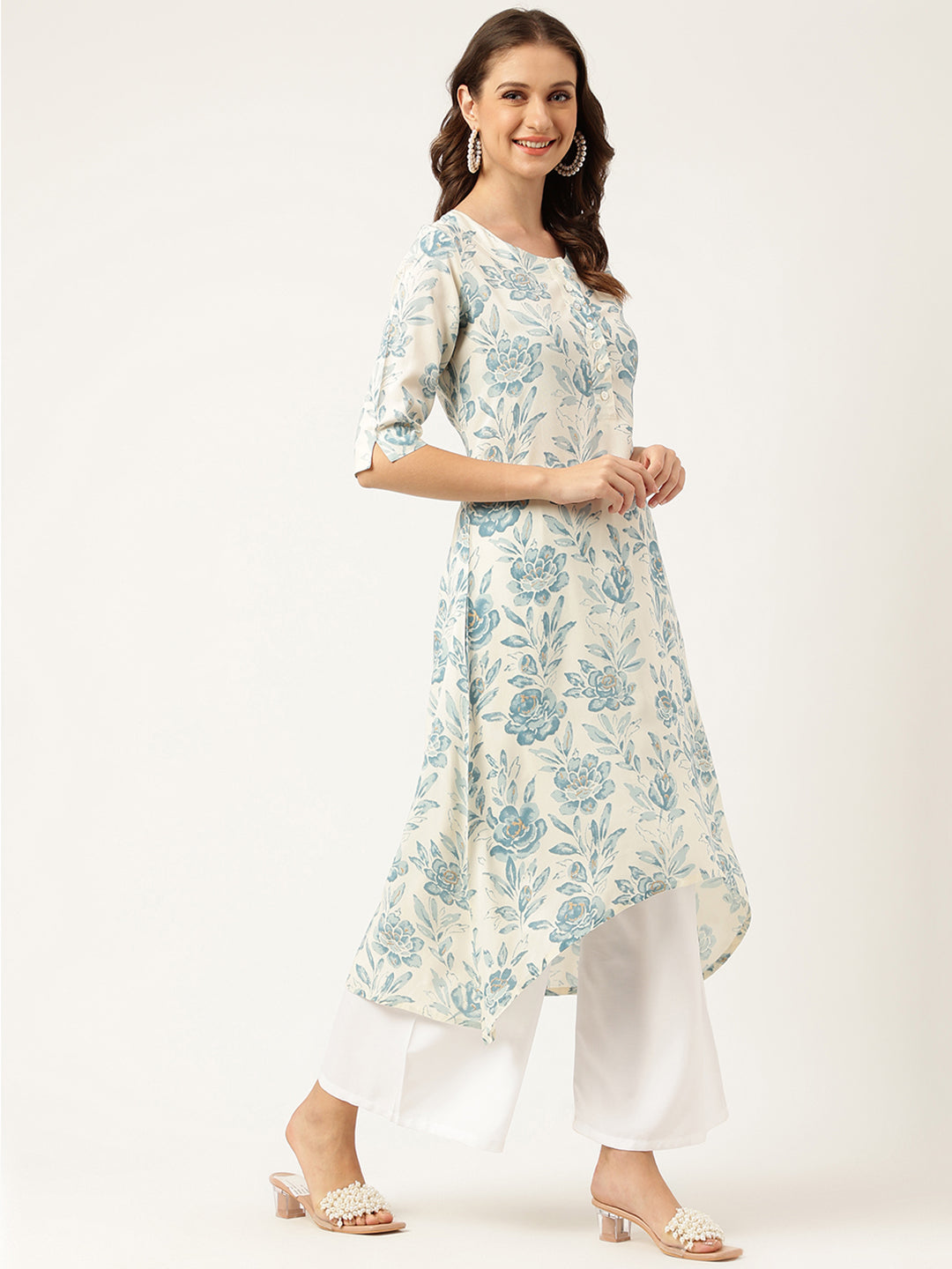 Women's Floral Print A-line Kurta with Asymmetric Hemline - Taantav