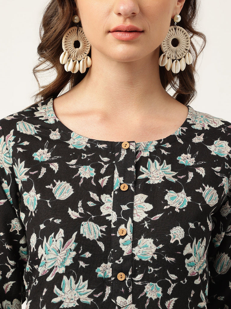 Women's Black Floral Print Straight Fit Cotton kurta