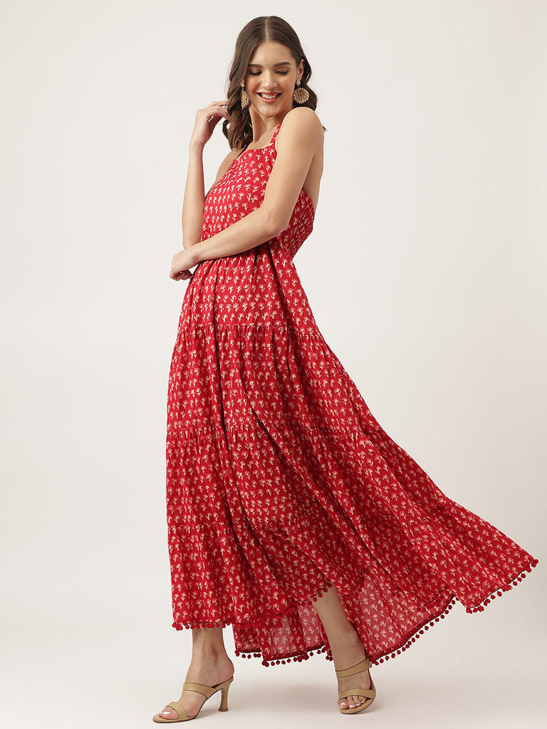 Women's Floral Printed Cotton Ethnic Tired Dress