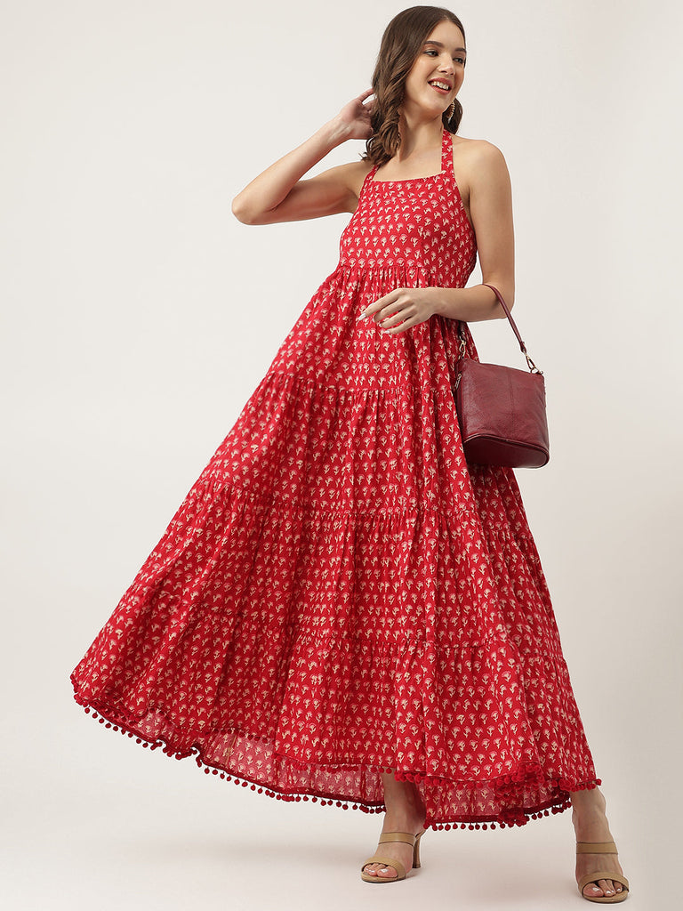Women's Floral Printed Cotton Ethnic Tired Dress