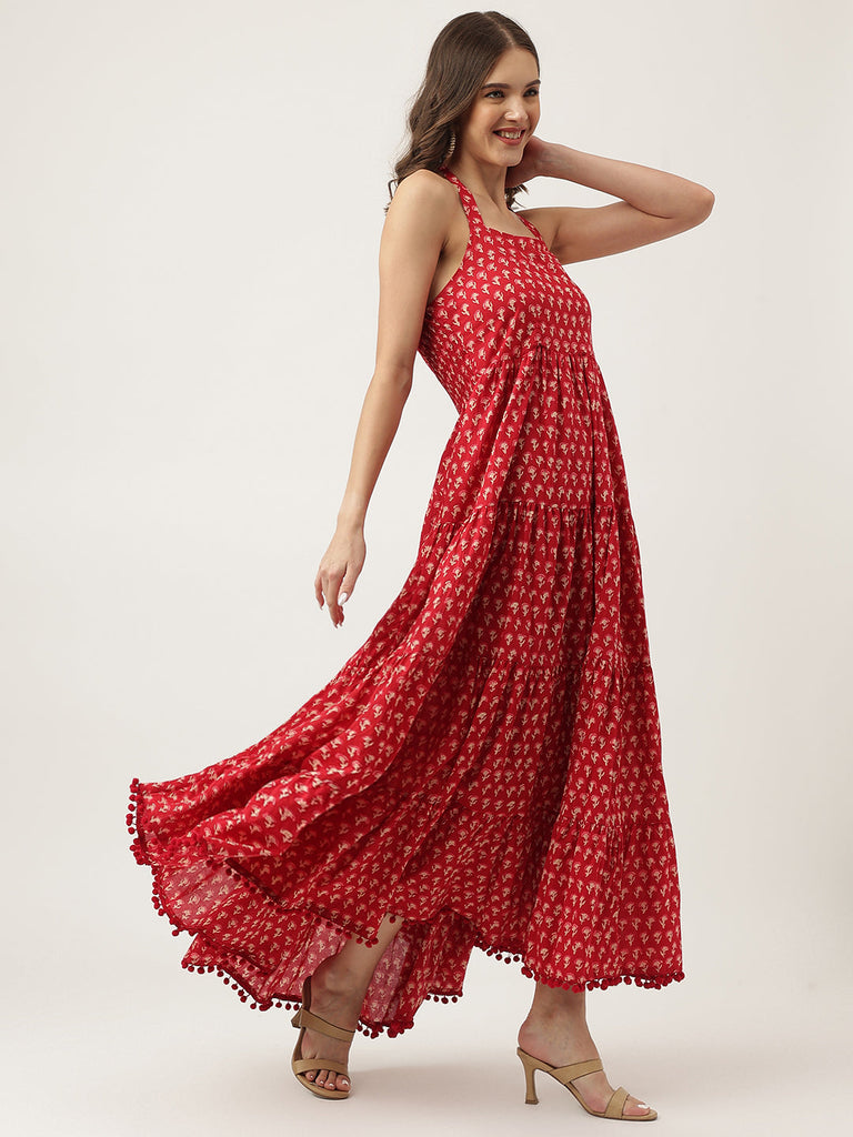 Women's Floral Printed Cotton Ethnic Tired Dress