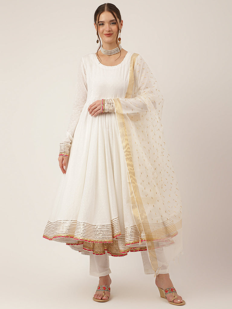 Women's Off White Shree Ram Buta Print Cotton Layered Anarkali Kurta, Trouser With Dupatta