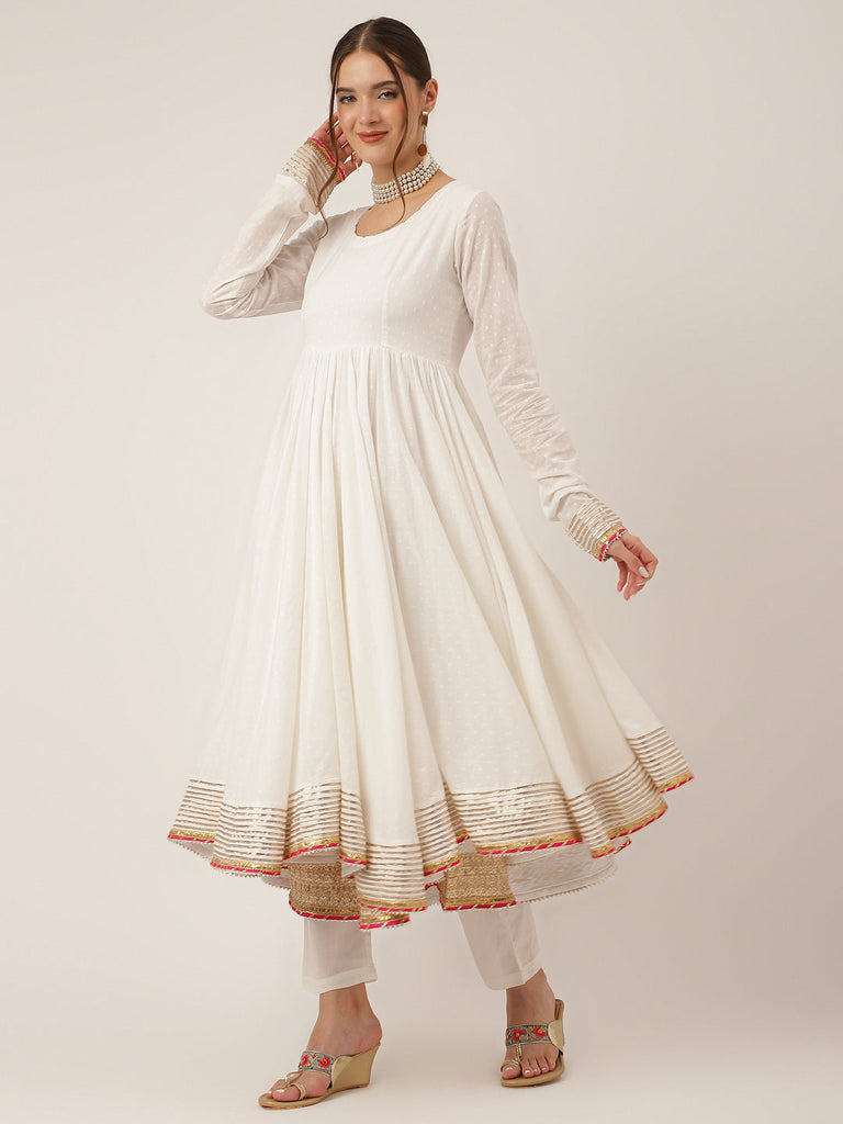 Women's Off White Shree Ram Buta Print Cotton Layered Anarkali Kurta, Trouser With Dupatta