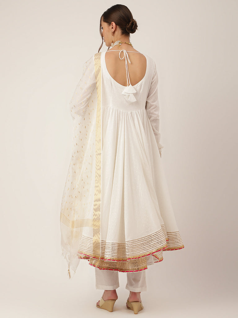 Women's Off White Shree Ram Buta Print Cotton Layered Anarkali Kurta, Trouser With Dupatta