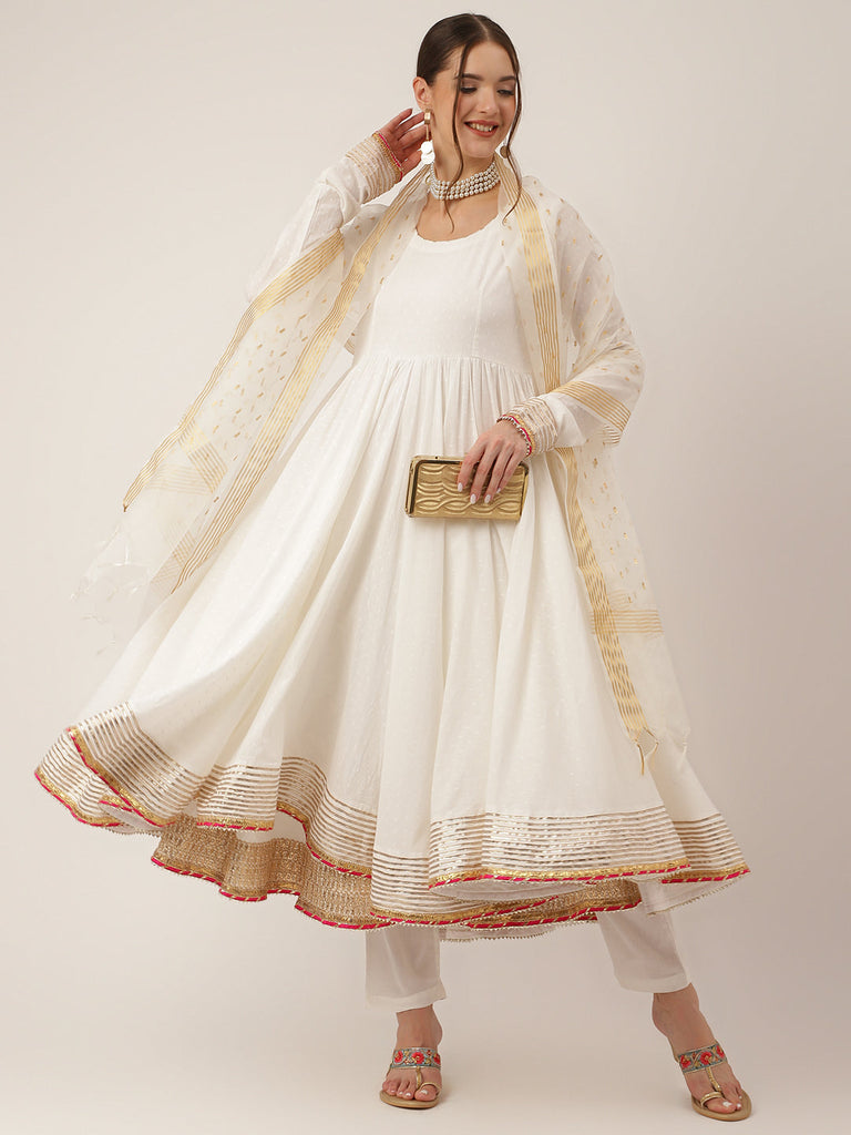 Women's Off White Shree Ram Buta Print Cotton Layered Anarkali Kurta, Trouser With Dupatta