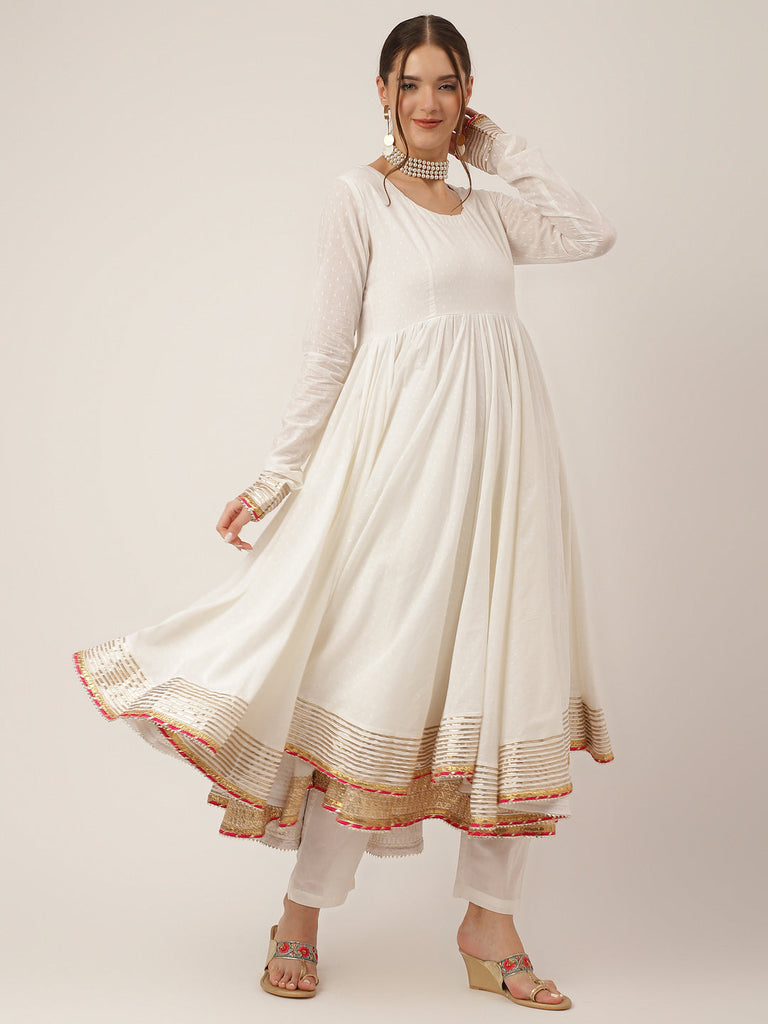 Women's Off White Shree Ram Buta Print Cotton Layered Anarkali Kurta, Trouser With Dupatta