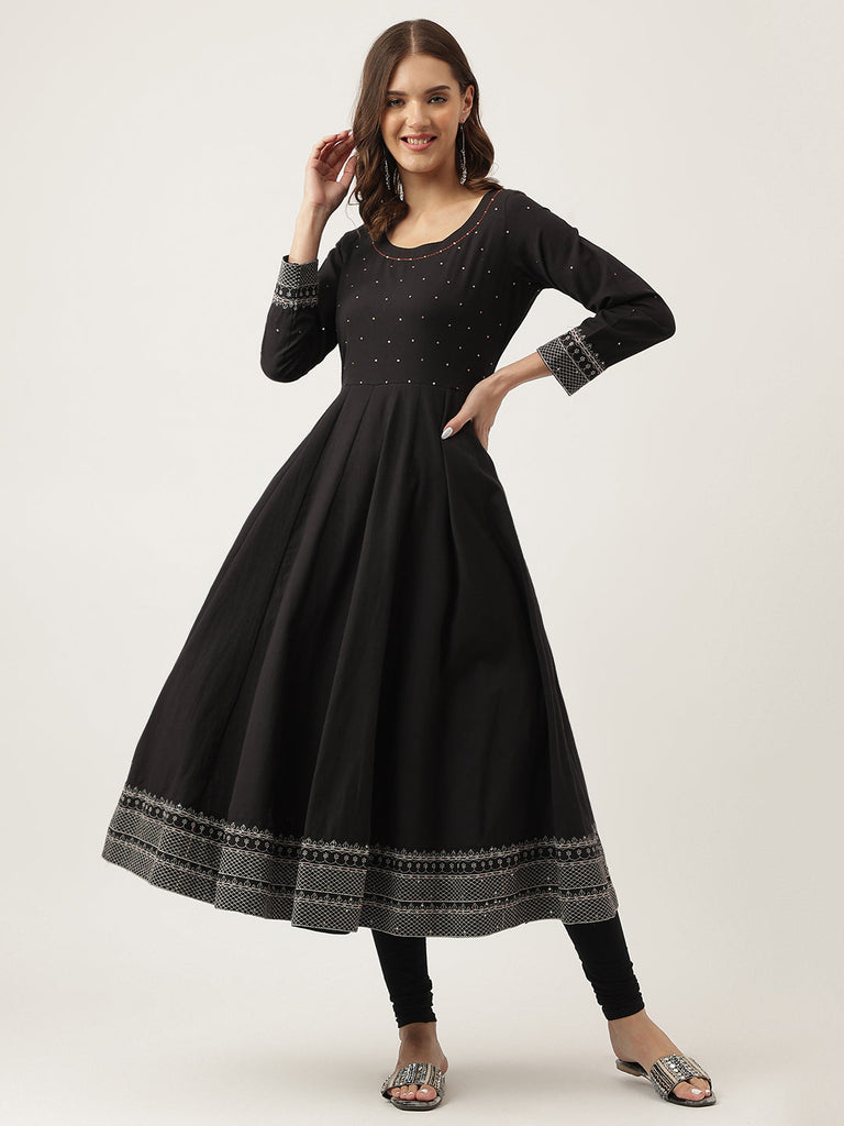 Women's Black Embroidered Cotton Anarkali Kurta