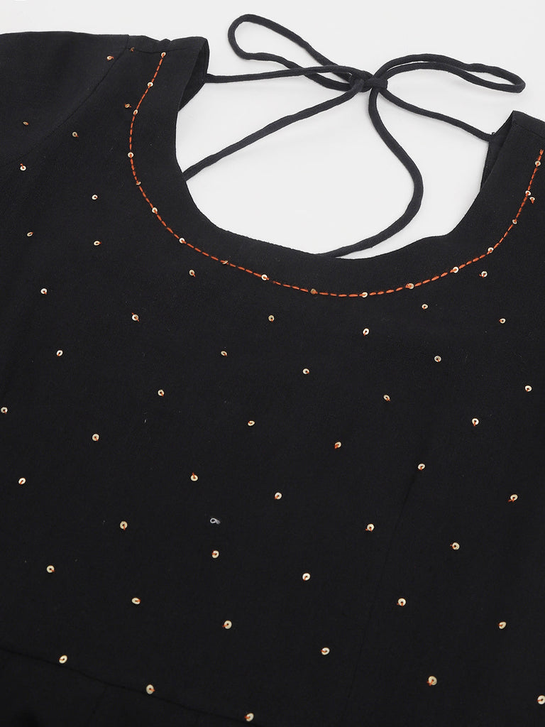 Women's Black Embroidered Cotton Anarkali Kurta